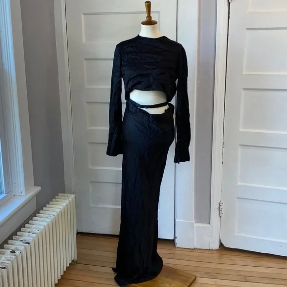 NWT Zara Black Satin Effect Cutout Waist Strap Maxi Dress, Size M - Picture 7 of 17